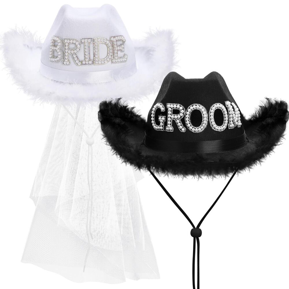 9919 2 Pcs Bride Cowgirl Hat With Veil Feathers Black Groom Cowboy Hats